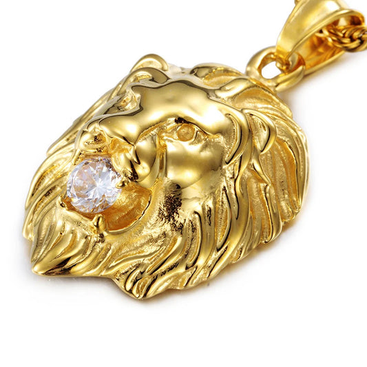 Collier Homme Tête de Lion 3D – Plaqué Or avec Perles en Cristal