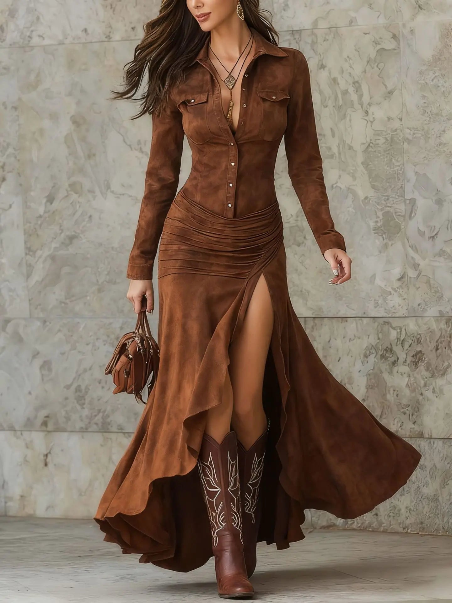 Robe Longue Femme Élégante – Style Rétro à Col Revers