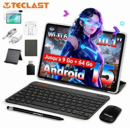 Tablette TECLAST P33 10,1 pouces, Android 15, écran HD, 64 Go de stockage, 3 Go de RAM + 6 Go virtuels, Wi-Fi 6, Bluetooth 5.4 et batterie de 6 000 mAh