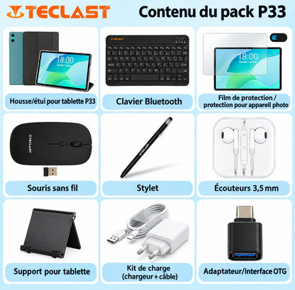 Tablette TECLAST P33 10,1 pouces, Android 15, écran HD, 64 Go de stockage, 3 Go de RAM + 6 Go virtuels, Wi-Fi 6, Bluetooth 5.4 et batterie de 6 000 mAh