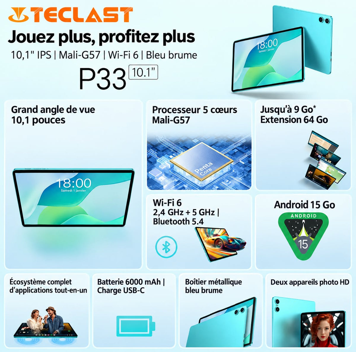 Tablette TECLAST P33 10,1 pouces, Android 15, écran HD, 64 Go de stockage, 3 Go de RAM + 6 Go virtuels, Wi-Fi 6, Bluetooth 5.4 et batterie de 6 000 mAh