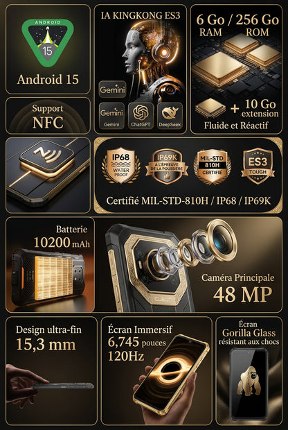 Cubot KingKong ES 3 – Smartphone antichoc Android 15, batterie de 10 200 mAh, charge rapide 33 W, 16 Go de RAM (6 Go + 10 Go virtuels) et 256 Go