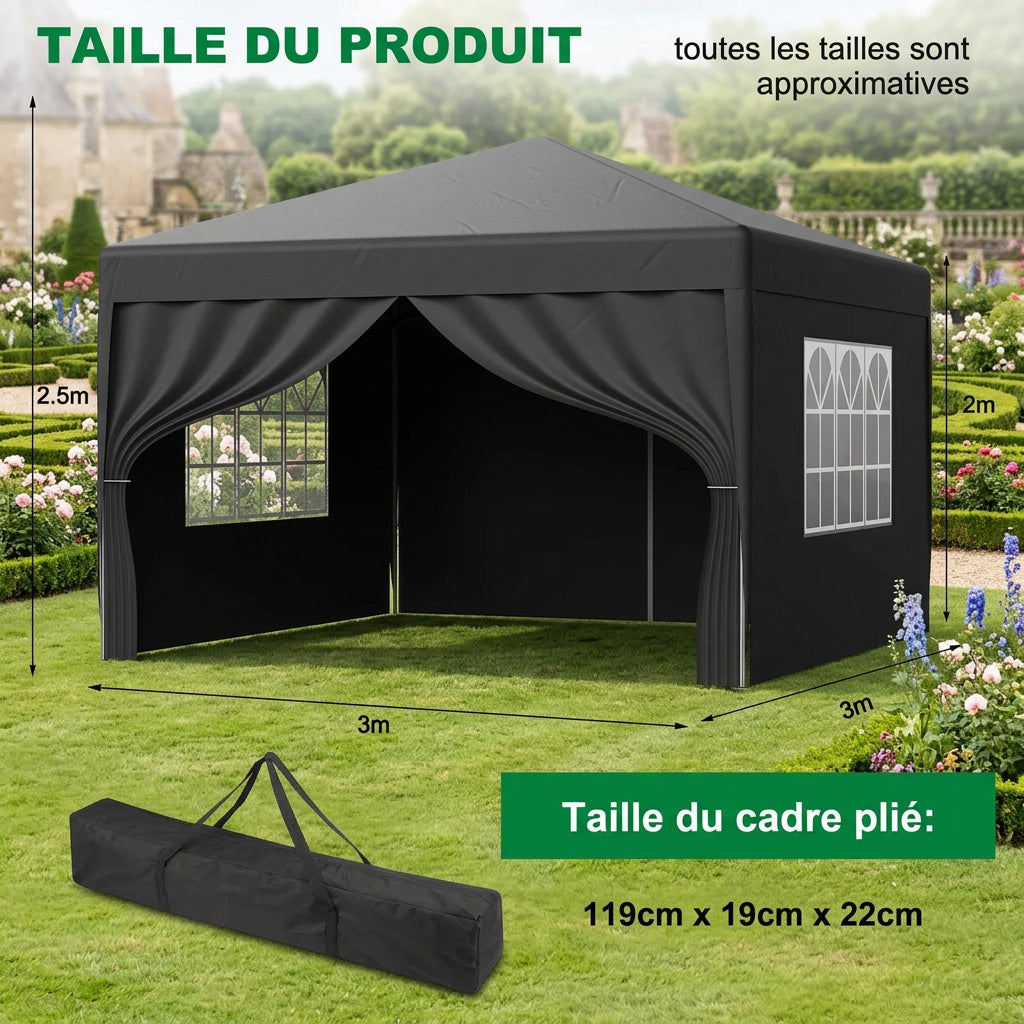 Tonnelle Pliante 3 × 3 m – Imperméable avec 4 Parois Amovibles, Abri de Jardin et Camping