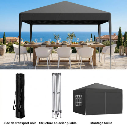 Tonnelle Pliante 3 × 3 m – Imperméable avec 4 Parois Amovibles, Abri de Jardin et Camping