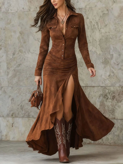 Robe Longue Femme Élégante – Style Rétro à Col Revers