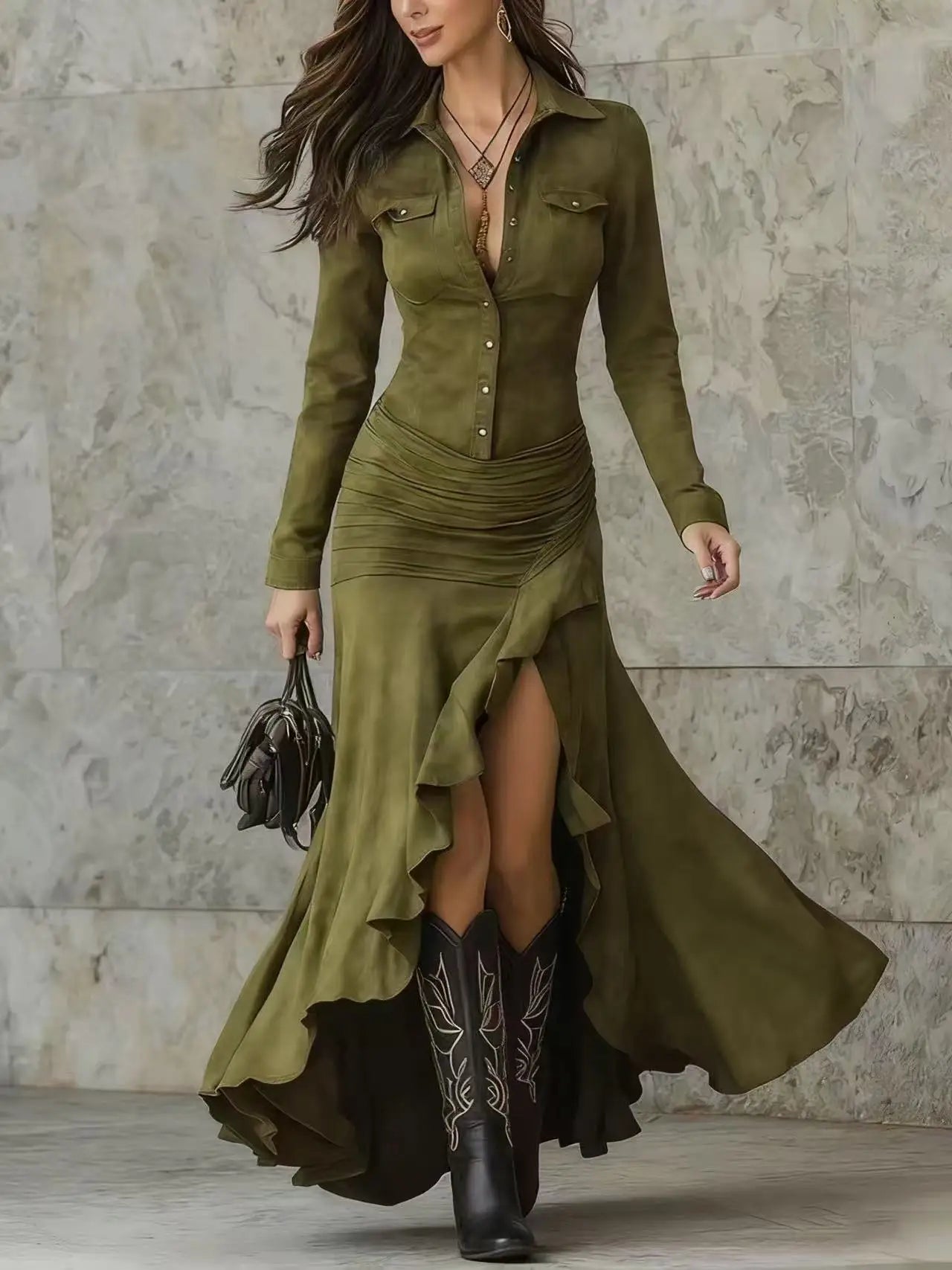 Robe Longue Femme Élégante – Style Rétro à Col Revers