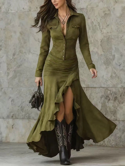 Robe Longue Femme Élégante – Style Rétro à Col Revers