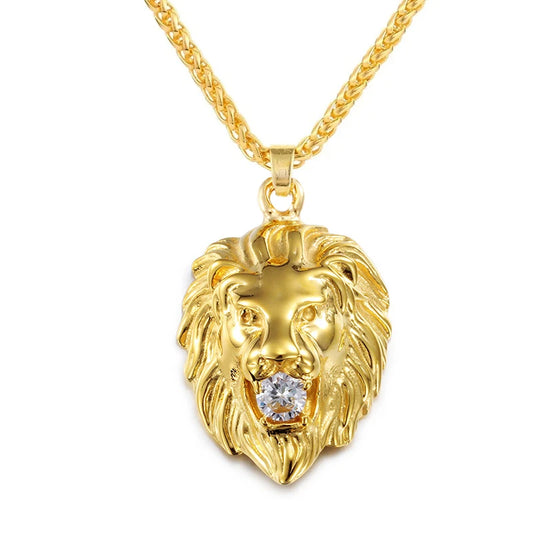 Collier Homme Tête de Lion 3D – Plaqué Or avec Perles en Cristal