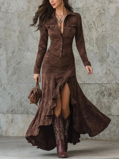 Robe Longue Femme Élégante – Style Rétro à Col Revers