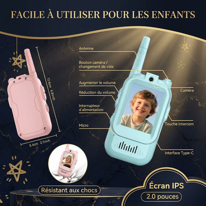 Talkies-walkies pour enfants rechargeables avec fonction vocale, écran HD de 2 pouces, appels HD en un clic et interphone — cadeau d’anniversaire ou de Noël pour garçon ou fille.