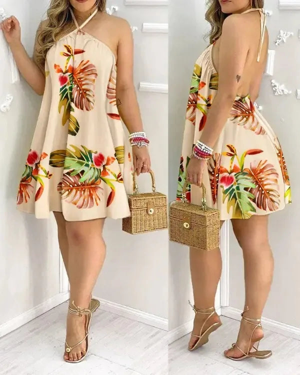 Robe d'Été Femme Imprimé Feuilles Tropicales – Dos Nu