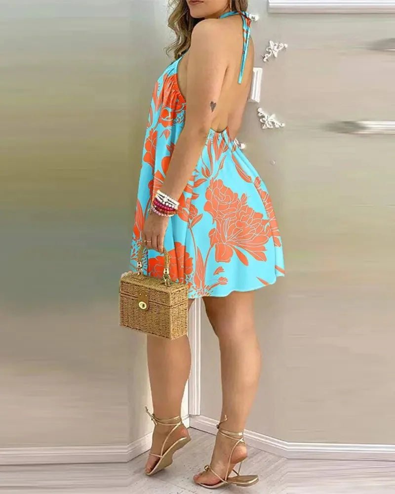 Robe d'Été Femme Imprimé Feuilles Tropicales – Dos Nu
