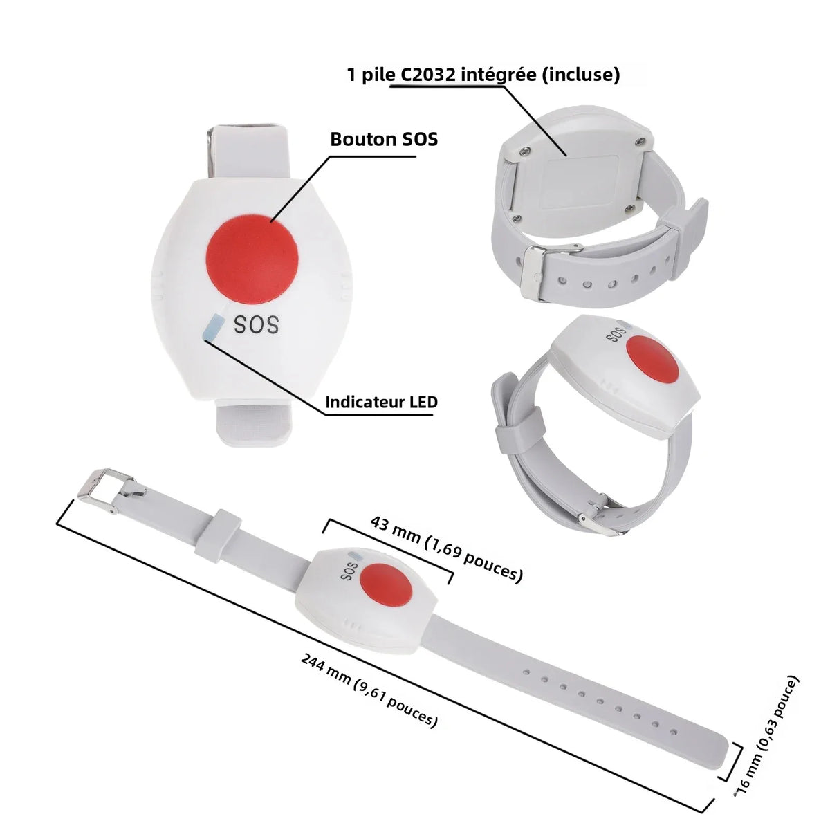 Bracelet d’alarme SOS pour personnes âgées