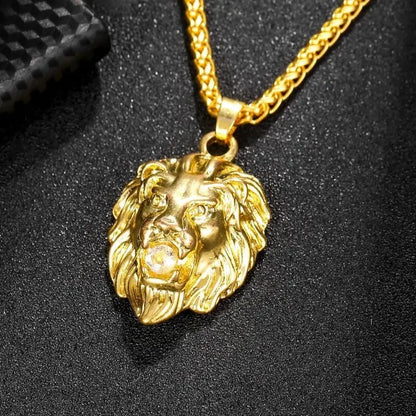 Collier Homme Tête de Lion 3D – Plaqué Or avec Perles en Cristal