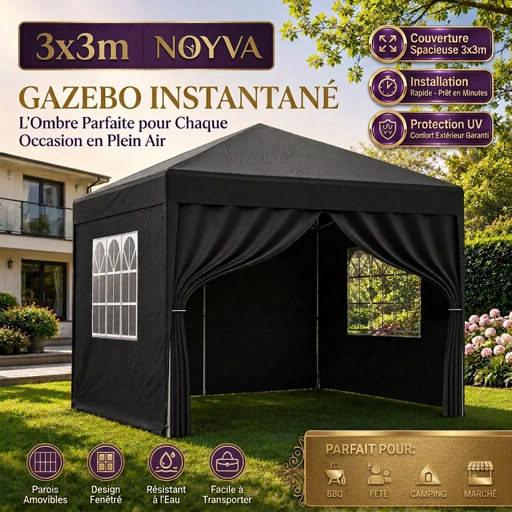 Tonnelle Pliante 3 × 3 m – Imperméable avec 4 Parois Amovibles, Abri de Jardin et Camping