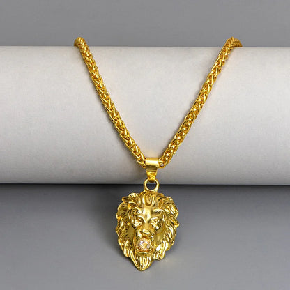 Collier Homme Tête de Lion 3D – Plaqué Or avec Perles en Cristal